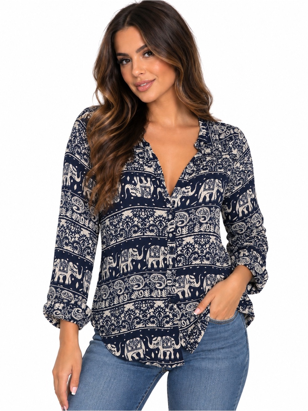 Navy & White Elephant Print Long Sleeve Blouse- Small